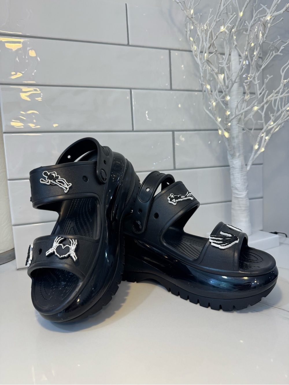 Crocs Mega Crush Sandal in Black with removable Gothic Skeleton Charms